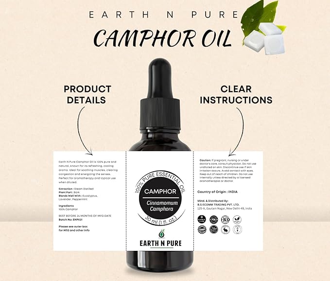 Earth N Pure Camphor Oil | Kapoor Oil | 100% Pure & Natural, Therapeutic Grade | Undiluted Essential Oil for Skincare, Hair Care, Aroma & Massage - 15 ML