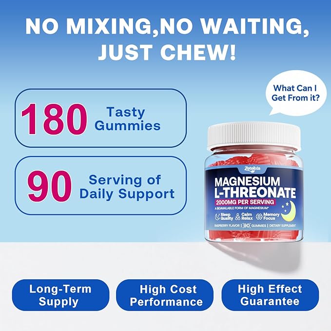 180 Count | 2 Pack Magnesium L-Threonate Gummies 2000mg, Magnesium Threonate Supplement for Adults & Kids, Support Cognition, Restful Sleep & Muscle Health, Sugar Free, Vegan, Non-GMO