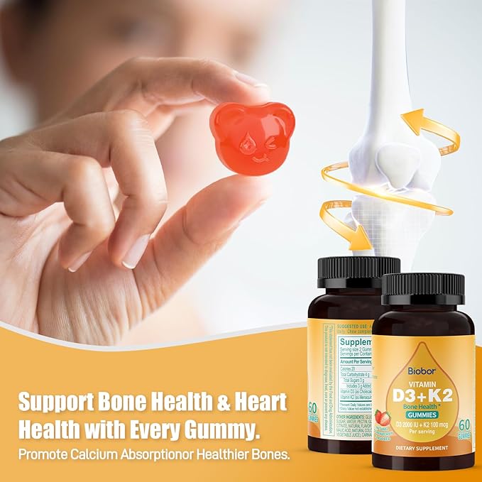 Natural Vitamin D3 K2 Gummies, 2000 IU Vitamin D3 & 100 mcg Vitamin K2(MK-7),Supports Healthy Bone, Immune Health Supplement, GMO Free, Gluten Free, Strawberry Flavor, 60 Count