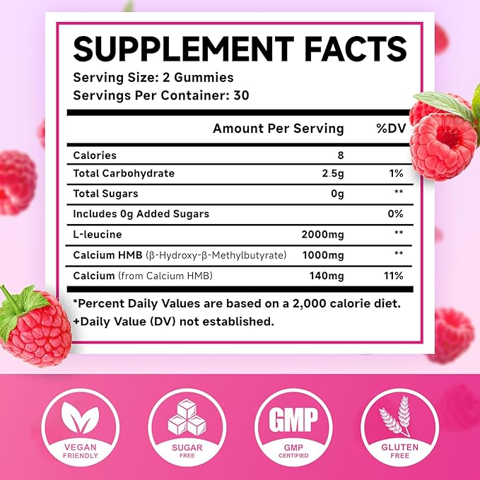MEENCCD 2 Pack HMB and L-Leucine Gummies, HMB and Leucine Amino Acid for Muscle Growth, Muscle Maintenance, and Muscle Function, for Men & Women, Sugar-Free, Raspberry Flavor, 120 Count
