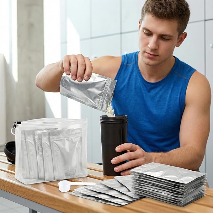 Protein Powder Travel Container Set, 50 Foil Single-Serve Pouches with Labels, Storage Pouch & 5g Spoon, Portable Supplement Containers for Gym Use