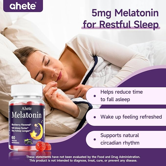 Melatonin 5mg Gummies for Adults, Raspberry Flavor Sleep Aid, Sugar-Free, 60 Gummies, 60 Days Supply