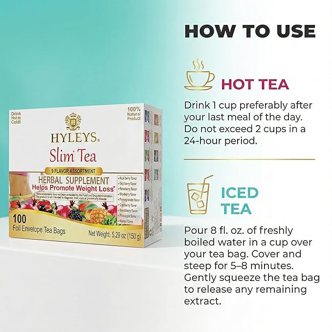 HYLEYS Slim Tea 9 Flavor Assortment 100 Ct - Weight Loss Herbal Supplement Cleanse and Detox - 100 Tea Bags (9 Pack) - Herbal Tea Variety Pack