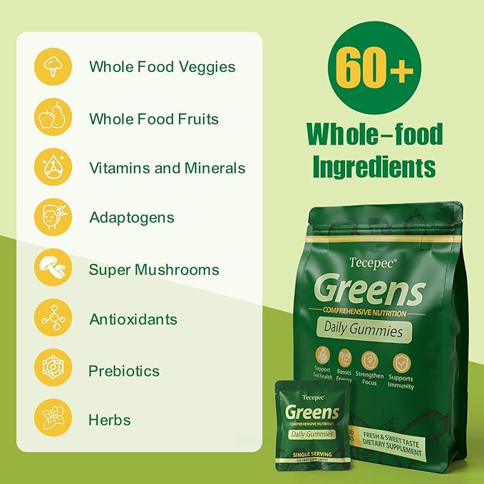 Greens Daily Gummies, Superfood Fruits and Veggies Blend with Spirulina, Chlorella, Prebiotics & Fiber, Adaptogens Multivitamin Supplement for Digestive Health, Non-GMO, 120 Count