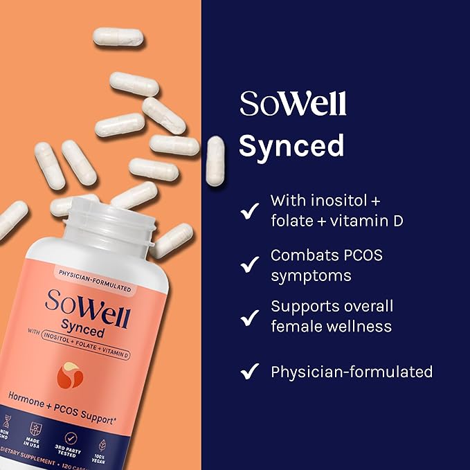 SoWell Synced Women’s Hormone Balance Supplement with Inositol, Vitamin D, and Folate for PCOS & Menstrual Cycle Support, 120 Capsules