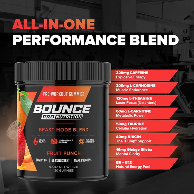 Bounce Pro Beast Mode Pre Workout Gummies with Caffeine, Beta-Alanine & L-Tyrosine for Energy, Focus & Training Intensity (30 Count (Pack of 1), Fruit Punch)