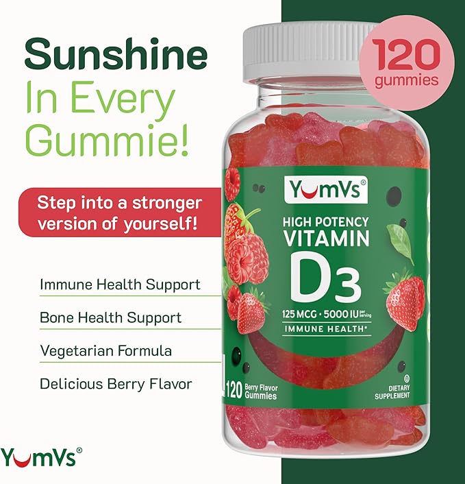 YUM-V'S Maxi Health Vitamin D3 Gummies 5000 IU 125mcg D3 Gummies - Support Immune Support, Strong Bone Health - Non-GMO, Gluten-Free, Dairy-Free, Vitamin D Gummy(120 Count)