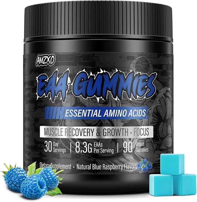 EAA Gummies - 2:1:1 BCAA Formula (8300mg) - Essential Amino Acids for Muscle Recovery & Endurance - Non-GMO, Gluten Free, Sugar Free, Vegetarian, Blue Raspberry Flavor - 90 Count