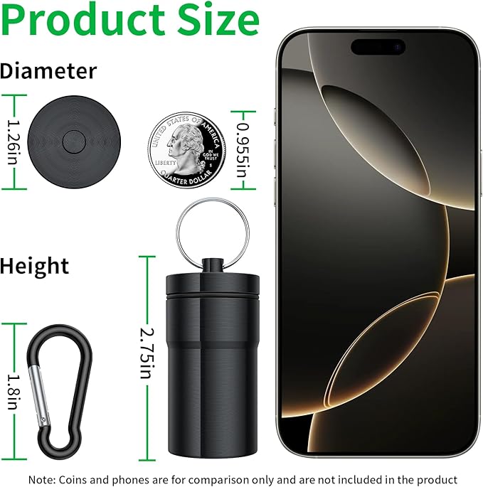 Urekt Portable Pill Case Keychain (2 Pack), Large Waterproof Aluminum Pill Box for Round Glucose Tablets & Critical Medicine, Small Pill Holder Travel Pill Container Bottle with Carabiners