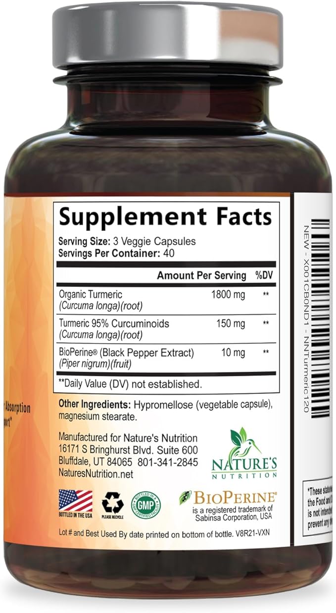 Turmeric Curcumin Supplement - 95% Curcuminoids with Organic Turmeric & BioPerine Black Pepper for Best Absorption - Daily Joint & Immune Health Support, Vegan, Non-GMO, Bottled in USA - 120 Capsules