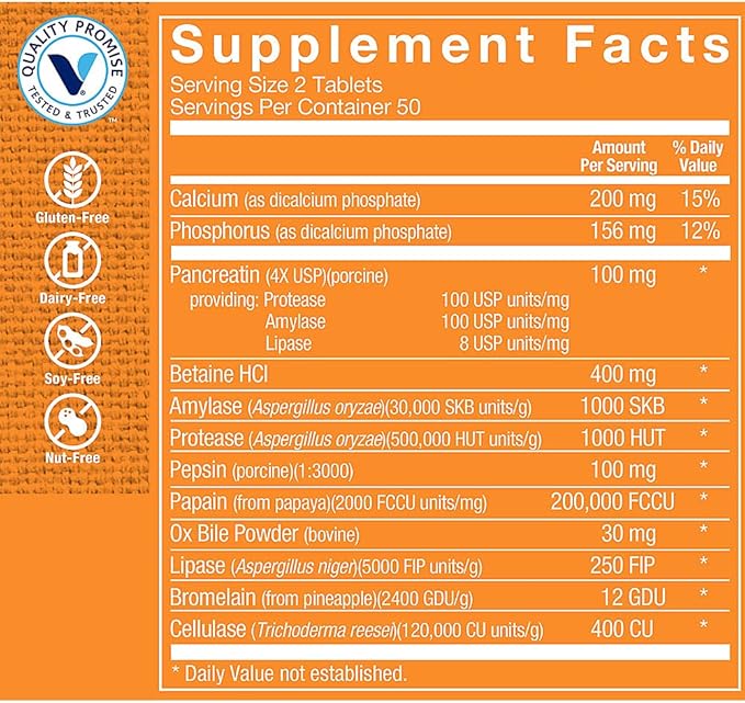 The Vitamin Shoppe Digestive Enzymes - Complete Multi-Enzyme Formula | Protein Fat Carb Digestion | 100 Tablets | Plant-Based