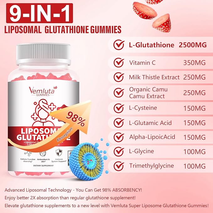2 Packs 2500MG Liposomal Glutathione Gummies, 2X Absorption Liposomal Glutathione for Women-Complex L-Cysteine, Antioxidant, Skin & Liver Support, Strawberry Flavor, 120 Count