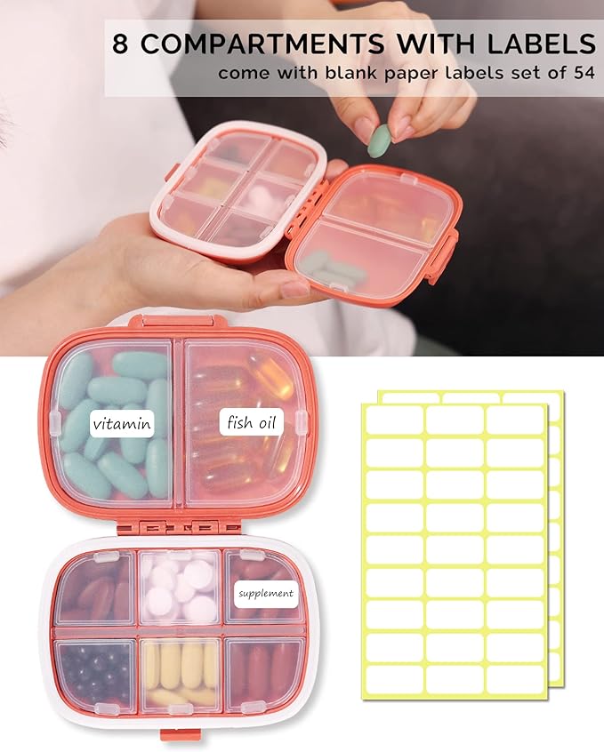MEACOLIA 3 Pack 8 Compartments Travel Pill Organizer, Daily Pill Case Small Pill Box for Pocket Purse, Portable Pill Container Medicine Vitamin Organizer (Dark Blue, Red, Yellow)