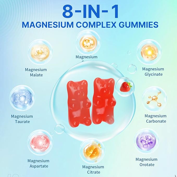Magnesium Complex Gummies for Women Men 8 in 1, Magnesium Glycinate, Citrate, Malate, Taurate, Supports Bones, Muscle, Nerve Health, Sugar-Free, Vegan Non-GMO, Strawberry Flavor, 60 Count