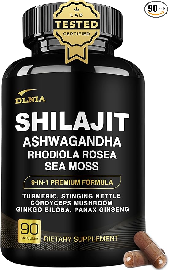 DLNIA Shilajit 9-in-1 Capsules – Organic Himalayan Complex with Ashwagandha, Sea Moss, Turmeric & More – Vegan, Lab-Tested, Immune & Energy Support for Men & Women – 90 Capsules
