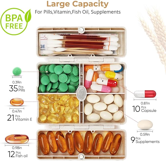 Zentiky Small Daily Pill Organizer with Labels, Medicine Pill Organizer Fit with Your Purse or Pocket for Travel to Hold Vitamin, Fish Oil, Supplement,Cotton Swabs, Bandages or Jewelry-Beige