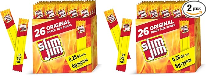 Slim Jim Smoked Meat Sticks, Original Flavor, 6g Protein Per Serving, Snack Size, Father's Day Gift, 0.28 oz. (26 Count) (Pack of 2)