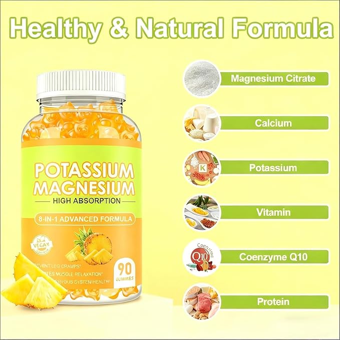 Potassium Magnesium Gummies,High Absorption Magnesium Glycinate,B6,D3,Potassium Citrate for Electrolyte Balance, Muscle Health and Relieve Leg Cramps Support, 60 Count Pineapple