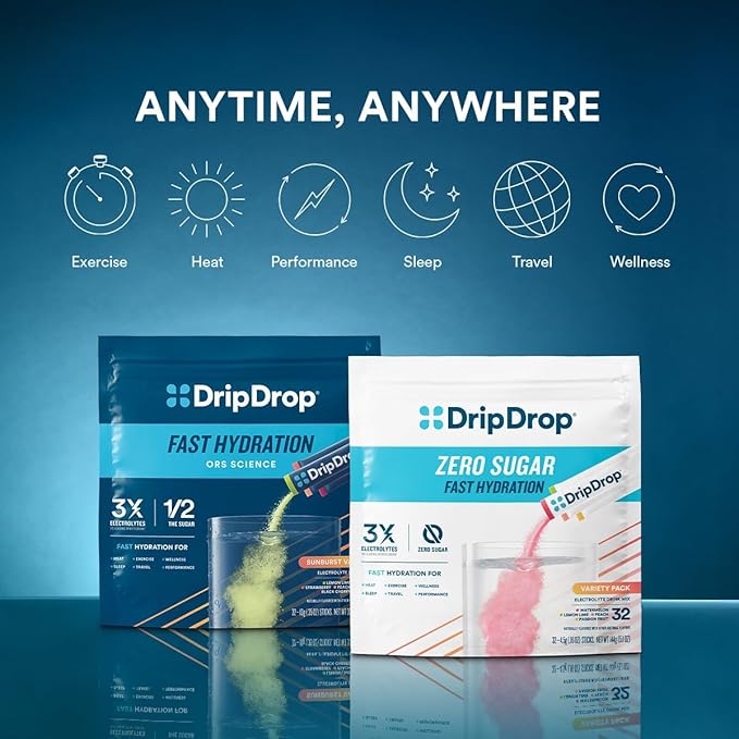 DripDrop Hydration Packets - Sunburst Variety Pack - Single Serve Electrolytes Powder Drink Mix - Lemon Lime, Strawberry, Peach, Black Cherry - Non-GMO, Gluten Free, Vegan - 16 Sticks