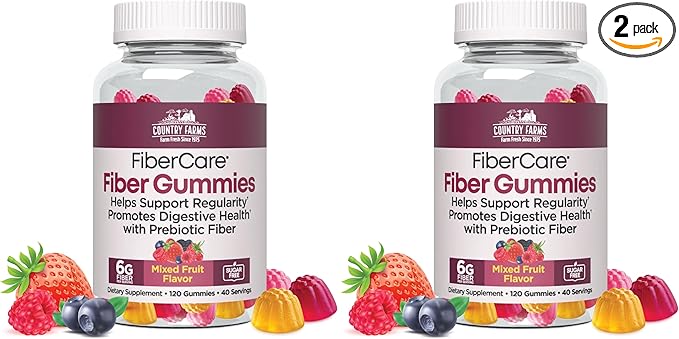 Country Farms Fiber Care Prebiotic Gummies,6g of Fiber Per Serving,GLP-1 Booster,FOS from Beets,Digestive Health and Bloat,Supports Regularity,Mixed Fruit Flavor,120 Gummies,40 Servings,(Pack of 2)