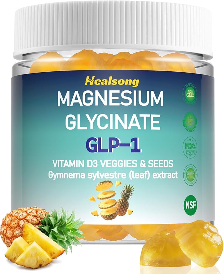 GLP-1 Magnesium Glycinate Gummies Supplements with Magnesium Malate & Taurate | Vitamin D3 Spinach | Kale | Broccoli | 90 Count with Gymnema Sylvestre, Green Tea Phytosome (Pineapple)