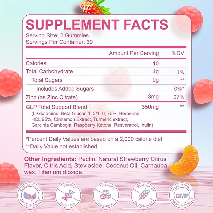 ZHPHK GLP-1 Support Gummies, Sugar-Free with Berberine, Cinnamon, Turmeric, Raspberry Ketone, Resveratrol, Appetite & Craving Control, Metabolism Digestion & Gut, No Stomach, 60 Count