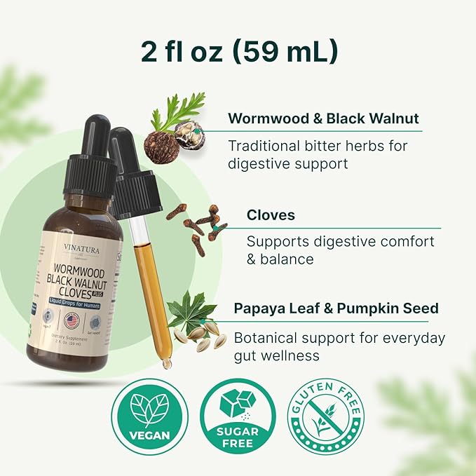 VINATURA Wormwood Black Walnut Cloves Liquid - Cleanse, Detox for Humans with Papaya Leaf and Pumpkin Seed, Intestinal Guard Formula Supplement - 2 fl oz