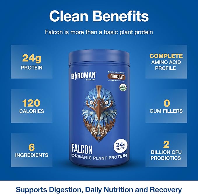 BIRDMAN Falcon Vegan Protein Powder Organic, Stevia & Sugar Free, Plant Based Protein, Low Carb, Dairy Free, Keto, Non Whey Protein, Probiotic, Pea Protein | Chocolate Flavor - 18 Servings - 1.32lb