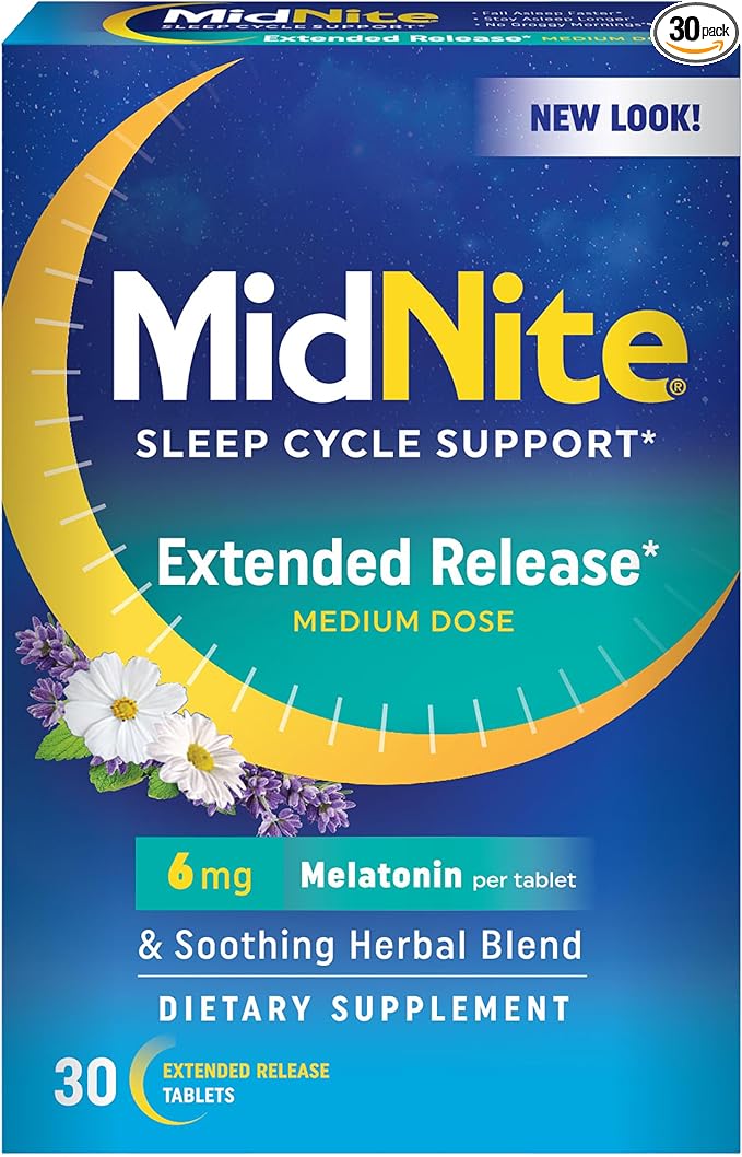 MidNite Extended Release Medium Dose, 6 mg Melatonin Sleep Aid, Non-Habit Forming, Herbal Dietary Supplement for Adults, Drug-Free, Gluten-Free, Lactose-Free, Vegetarian, Vegan, 30 Tablets
