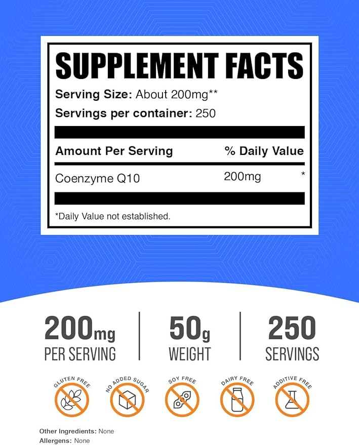 BulkSupplements.com Coenzyme Q10 Powder - Coenzyme Q10 200mg Supplement, Nutritional Supplement - Gluten Free, 200mg per Serving, 50g (1.8 oz) (Pack of 1)