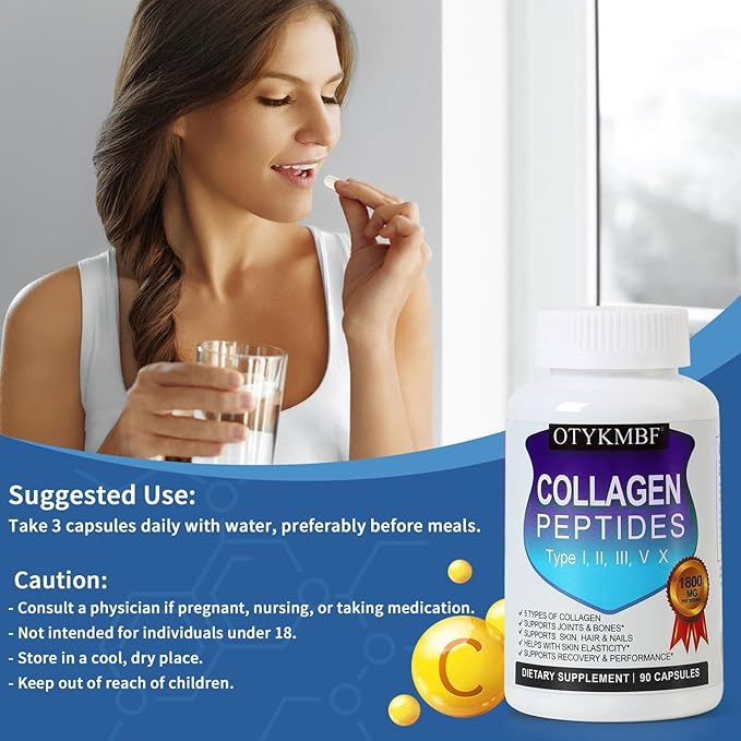 Multi Collagen Peptides Pills 1800mg, Type I, II, III, V, X - Hydrolyzed Premium Collagen Complex Supports Skin, Joints, Hair & Nails, Hydrolyzed Protein for Women Men, 90 Capsules