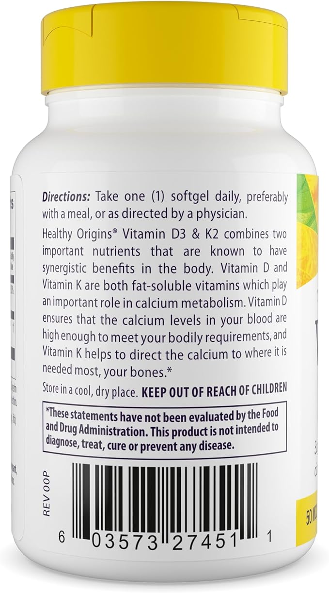 Healthy Origins Vitamin D3 & K2 - Vitamin D3, 50 mcg - Vitamin K2, 200 mcg - Easily Absorbable Vitamin D & Vitamin K Supplements - Non-GMO & Gluten-Free Supplements - 60 Softgels