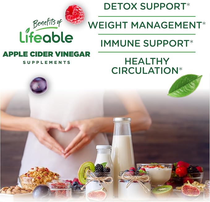 Lifeable Apple Cider Vinegar Gummies with Mother | 1000 mg | Advanced ACV for Detox & Cleansing, Supports Metabolism, Digestion, & Energy | 60 Gummies for Weight Loss and Belly Fat