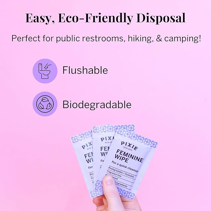 Pixie Feminine Wipes - Flushable, Biodegradable, & Ph Balanced - Individually Wrapped Packet Wipes for On The Go & Public Bathrooms - Wash & Cleaner For Your Menstrual Cups & Discs (1 Pack of 10)