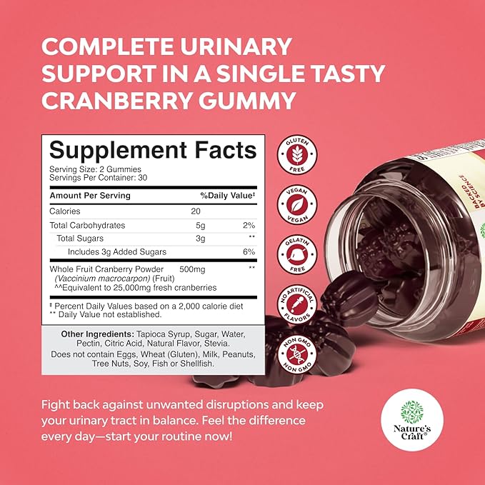 Natural Cranberry Gummies for Women and Men - Extra Strength Delicious Antioxidant Cranberry Chews for Urinary Tract Health Kidney Support Bladder & Immune Health - Vegan Gluten & Gelatin Free - 60ct
