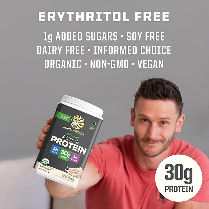 Sunwarrior Organic Plant Based Protein Powder | Vegan Organic Protein Powder with BCAA Amino Acids Plus Recovery Minerals & Botanicals | Non-GMO Soy Dairy & Gluten Free (Cake Batter, 20 Servings)