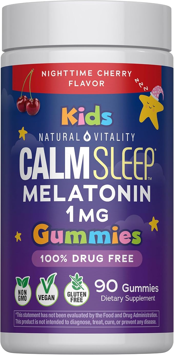 Natural Vitality Kids Calm Sleep Melatonin 1mg Gummies | Nighttime Cherry Flavor | 100% Drug Free | Non-GMO, Vegan & Gluten Free Supplement | 90 Count