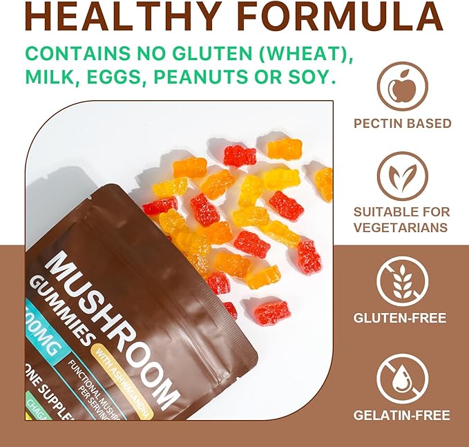 Mushroom Gummies for Adults,10x Mushroom Supplement,Energy, Focus, Mood & Cognitive Support,Vegan, Immune, Brain Support & Chill Mushroom Complex Gummy,80 Gummies