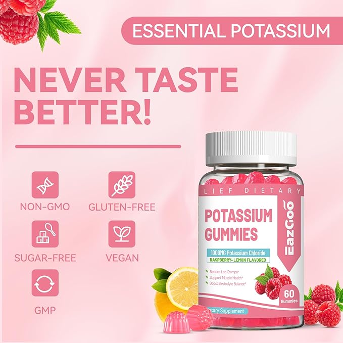 Potassium Gummies, Potassium Chloride 1000mg for Adults, Chewable Potassium Supplement for Women & Men, Support Leg Cramps & Muscle Health - Sugar Free, Vegan,60 Count