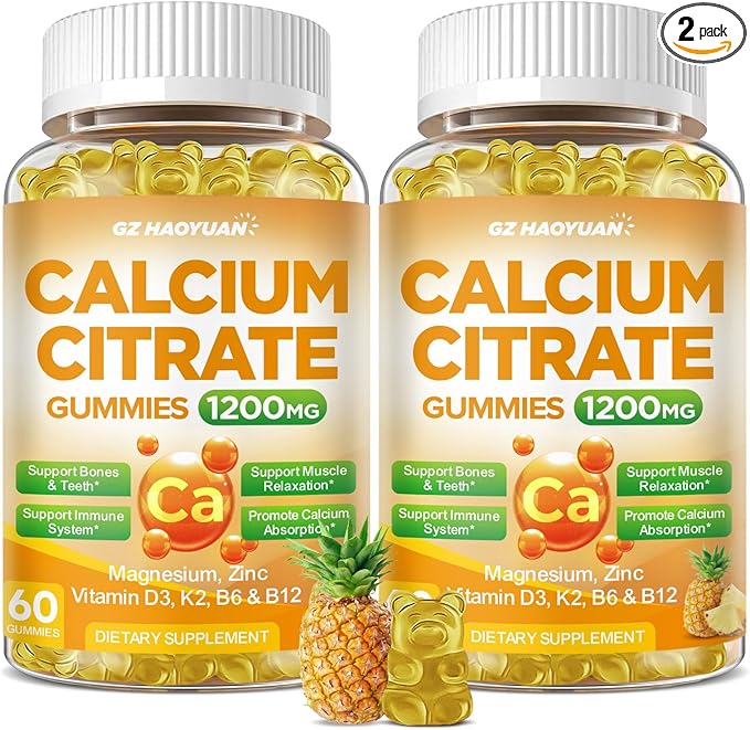Calcium Citrate Gummies - 1200mg Calcium Gummies Supplements for Women & Men with Vitamin D3, K2, Magnesium, Zinc High Absorption for Bone, Muscle & Immune Support, Pineapple Flavor, 120 Count