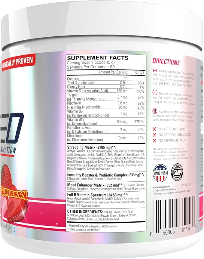 EHP Labs OxyShred Pre Workout Powder - Preworkout Powder with L Glutamine & Acetyl L Carnitine, Energy Boost Drink - Cosmic Blast, 60 Servings