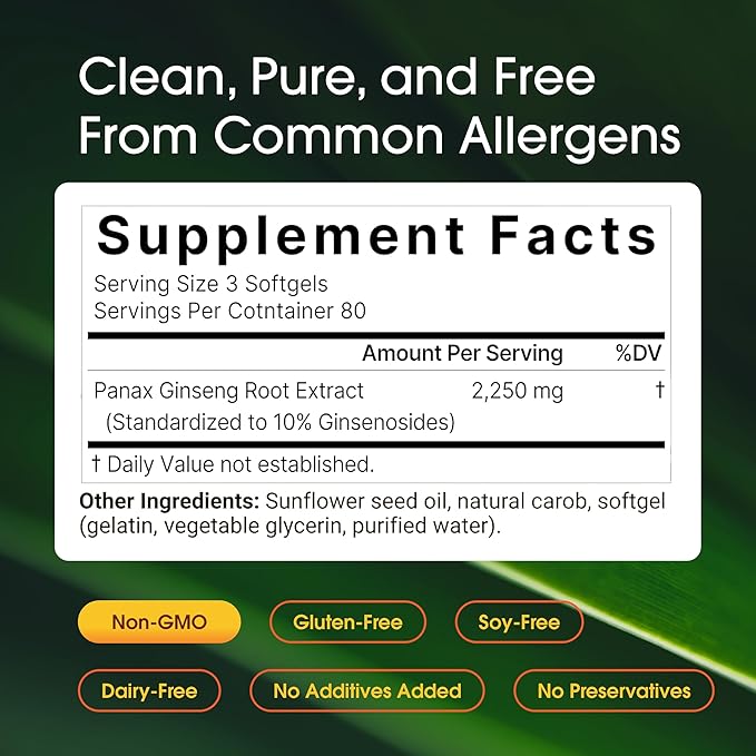 NatureBell Panax Korean Red Ginseng - 240 Softgels - 2,250mg High Strength Herbal Vitality Support* - Standardized 10% Ginsenosides from Six-Year-Old Ginseng Root - Energy & Immune Support*
