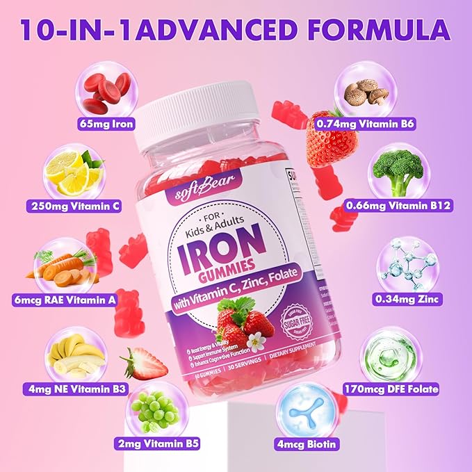 softbear Iron Gummies for Women & Men & Kids, Chewable Iron Supplements with Vitamin C,B3,B5,B6,B12 Supports Immune System, Energy & Vitality, Sugar-Free/Vegan, Strawberry Flavor 120 Count