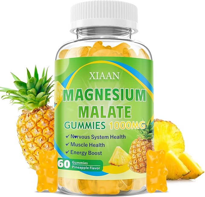 Magnesium Malate Gummies 1000mg, Chewable Magnesium Malate Supplements with CoQ10, L-Theanine & Vitamin B6 for Energy Boost & Muscle Health, Sugar-Free/Vegan, Pineapple Flavor 60 Count