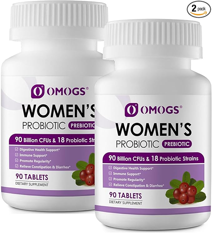 OMOGS 2PCS Women's Probiotic, with Cranberry Extract, Organic Prebiotics & Vitamin C, 90 Billion CFUs,18 Strains, Help for Boost Immune, Digestive, Gut Health & Women's Health,180 Tablets