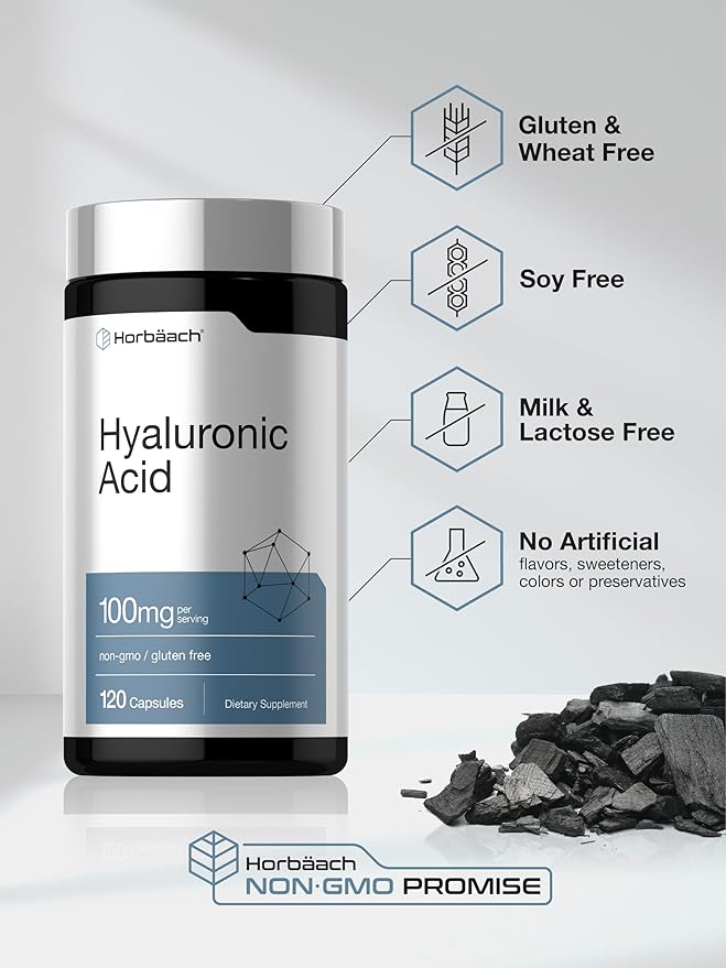 Horbäach Hyaluronic Acid Supplement | 100mg | 120 Capsules | Non-GMO, Gluten Free