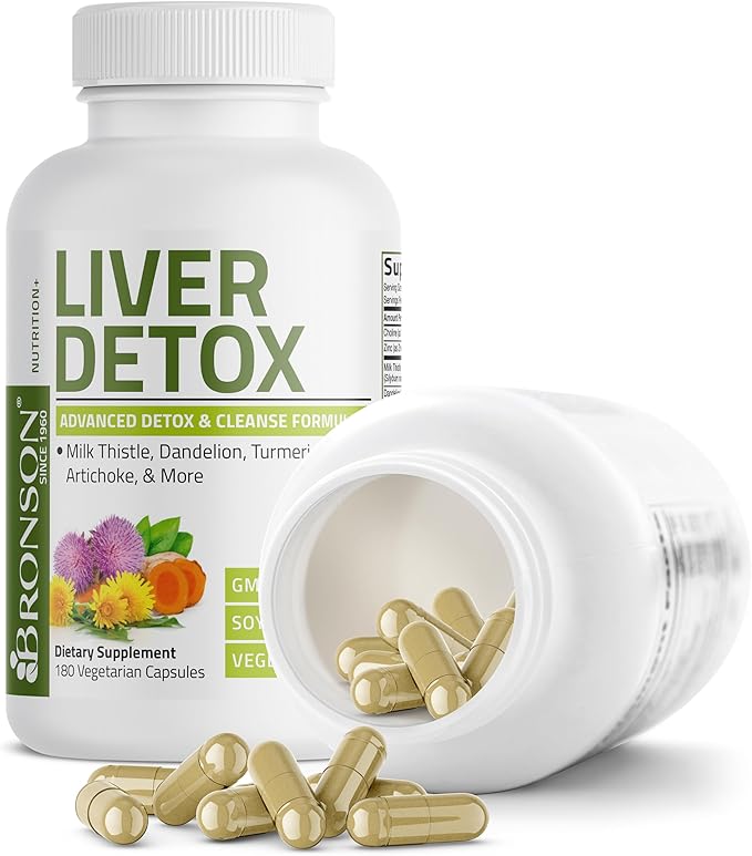 Bronson Liver Detox Advanced Detox & Cleansing Formula Supports Health Liver Function with Milk Thistle, Dandelion Extract, Turmeric, Artichoke Leaf & More, Non-GMO, 180 Vegetarian Capsules