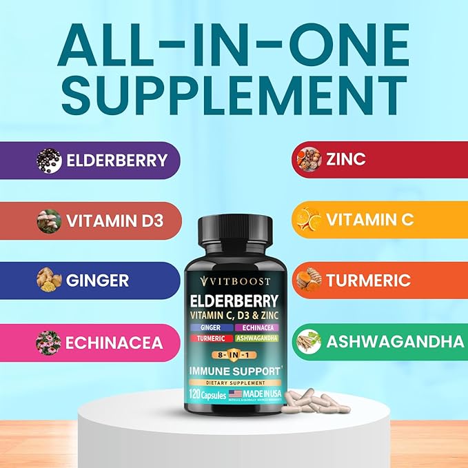 Elderberry Immune Support Supplement 8-in-1 Formula with Echinacea, Vitamin C & Zinc, Vitamin D 5000 IU, Turmeric, Ginger, Ashwagandha – 120 Capsules