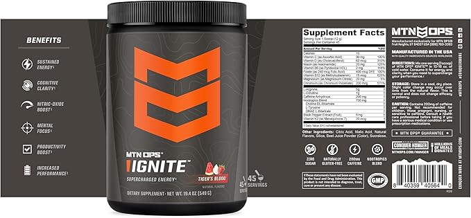MTN OPS Ignite Sugar Free Energy Drink Powder with 200mg Caffeine, Nootropic Blend for Energy, Focus & Endurance, L Arginine & L Citrulline Pre Workout, 45 Servings, Tiger's Blood