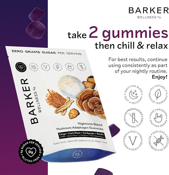 Barker Wellness Nighttime Vegan Sugar-Free Adaptogen Mushroom Gummies – Reishi, Lion's Mane, Chaga, Cordyceps for Calm, Rest & Recovery – Non-GMO Sleep Support & Relaxation Supplement, 60 Count